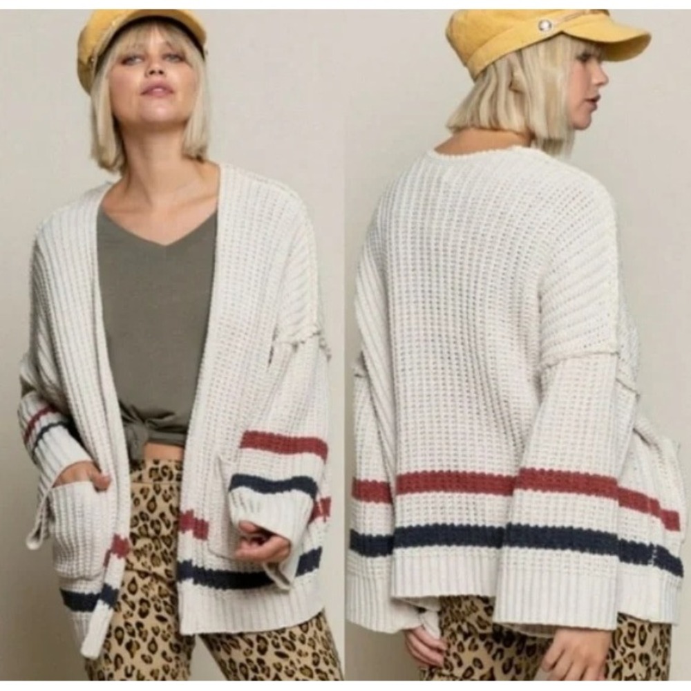 POL Womens Cream Striped Chunky Waffle Knit Open Front Cardigan Cozy Boho M